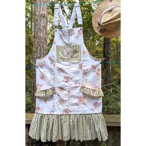 Upcycled Denim Overall Jumper Dress Sz 3XL Floral Midi Boho Ruffle Crochet Doily